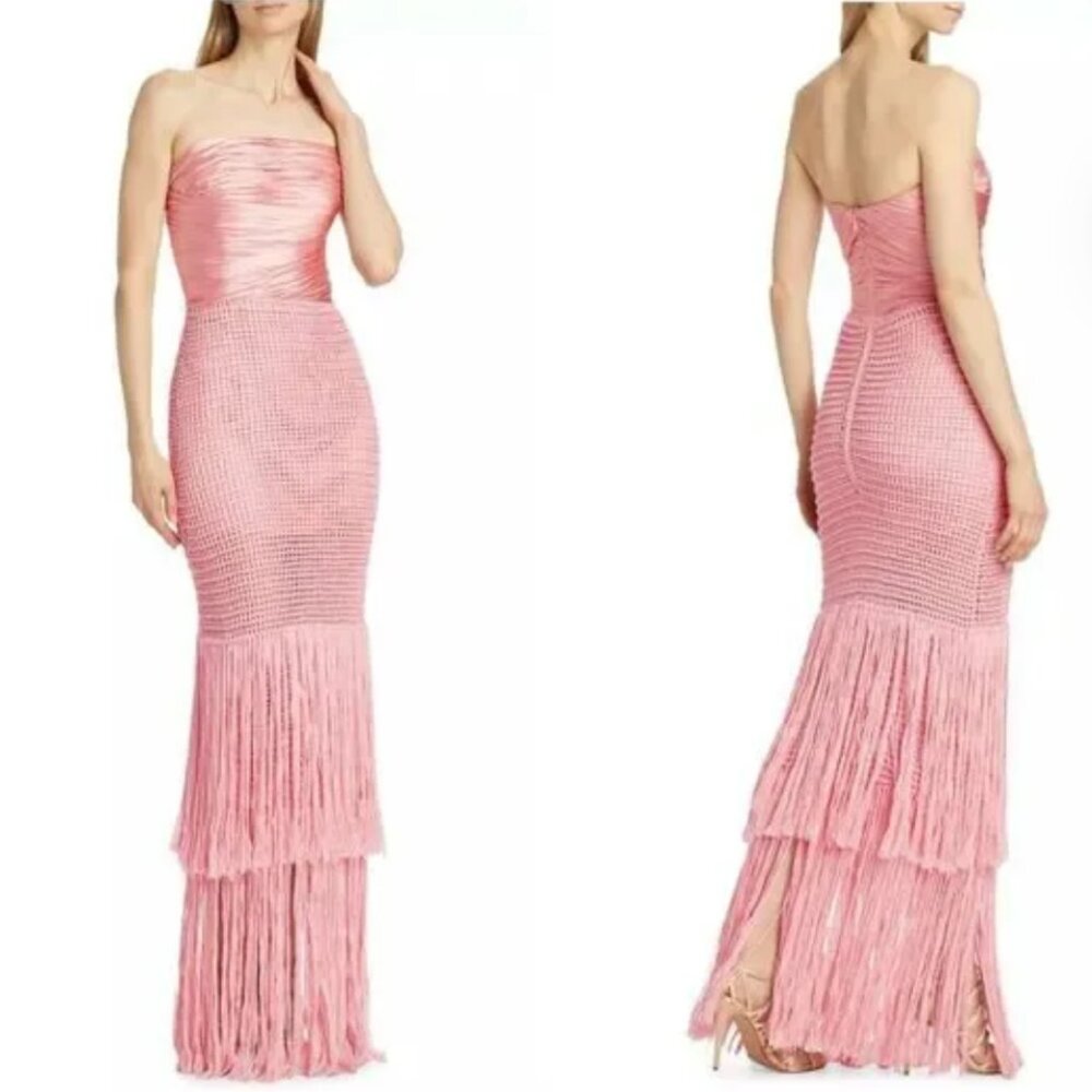 Alejandra Alonso Rojas Draped Bustier Crochet Fringe Maxi Dress Rose NWT